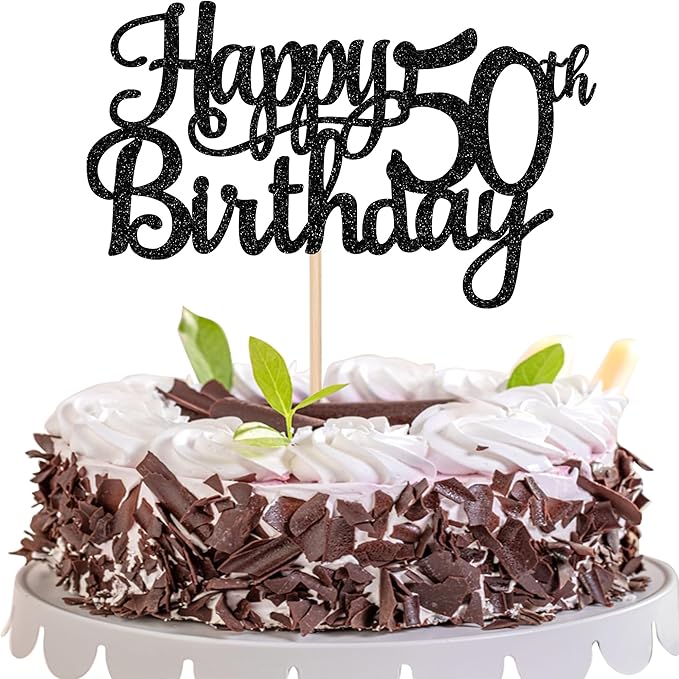 1 PCS Happy 50th Birthday Cake Topper Glitter Cheers to 50 Years Birthday Cake Pick 50 Fabulous Cake Decoration for Happy 50th Birthday Anniversary Party Decorations Supplies Black