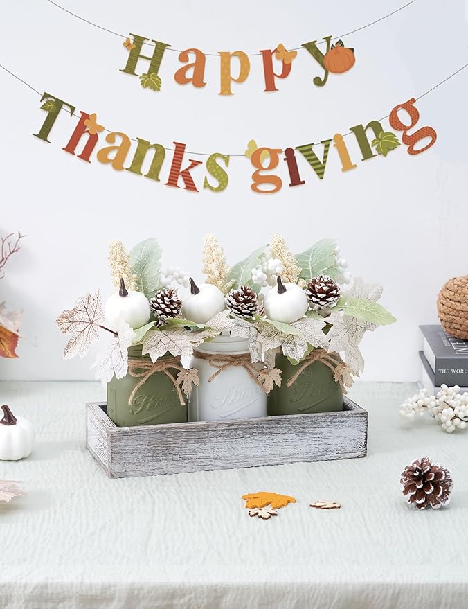 Fall Thanksgiving Table Decor, Centerpieces for Tables with Mason Jar, Fake Flowers, Wood Tray, 16 Pcs Pumpkin Fall Thanksgiving Centerpieces Table Decorations for Home, Farmhouse Kitchen Decor