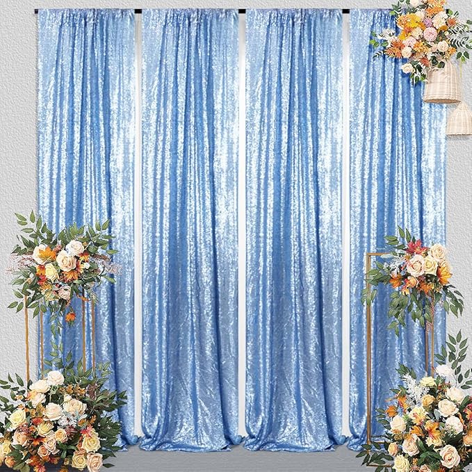 Juya Delight 2Pcs 2ftx8ft Baby Blue Shimmer Sequin Backdrop Curtains - Blue Glitter Photo Backdrop for Wedding Birthday Parties Wall Decoration