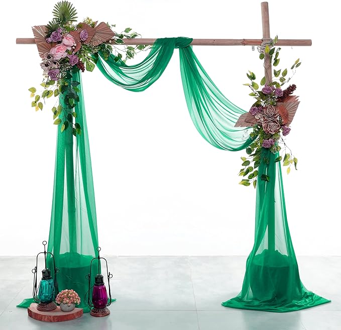 VDS Pack of 2 Panel (30 Inch X 100 Feet) Wedding Arch Draping Fabric Sheer Chiffon Fabric Drapery for Wedding Ceremony Reception Swag Backdrop Canopy Chuppah ARBO Altars Decoration (Emerald)