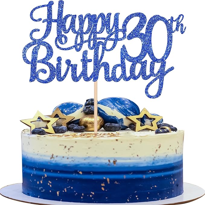 1 PCS Happy 30th Birthday Cake Topper Glitter Cheers to 30 Years Birthday Cake Pick 30 Fabulous Cake Decoration for Happy 30th Birthday Anniversary Party Decorations Supplies Blue