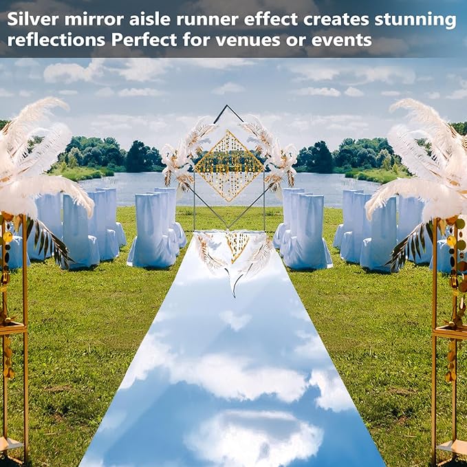 3.3 x 98.4 ft Mirror Rug Aisle Runner for Wedding Ceremony Double Sided Reflective Carpet Aisle Runner Walkway Rug Roll for Outdoor Birthday Graduation Party Decor(Silver)