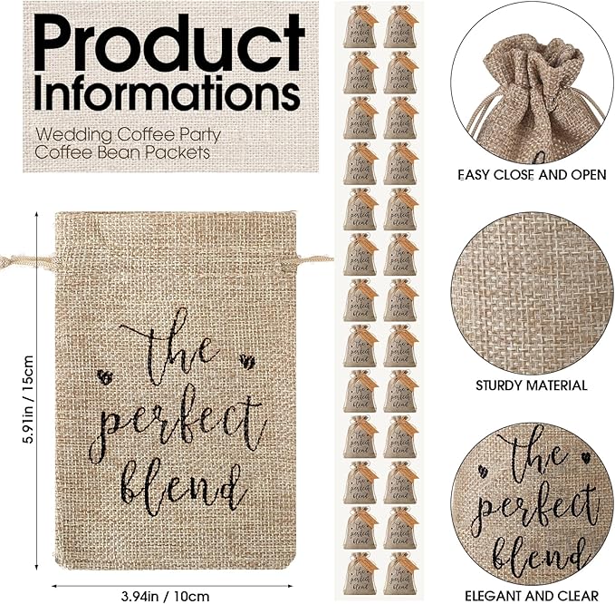 Fumete 50 Sets Wedding Coffee Party Favors for Guests the Perfect Blend Coffee Bean Bags Kraft Thank You Cards Organizer Reusable Burlap Bag and Twine Bridal Shower Souvenirs Gift, No Beans