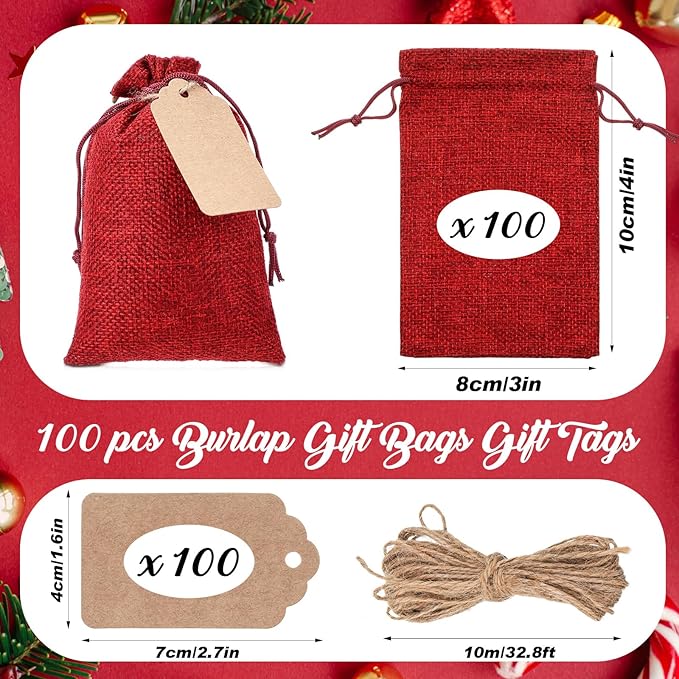 Woanger 100 Pcs Burlap Gift Bags with 100 Pcs Kraft Paper Gift Tags Drawstring Favor Bulk Burlap Sack Bags for DIY Wedding Party Craft (3 x 4 Inch,Burgundy)