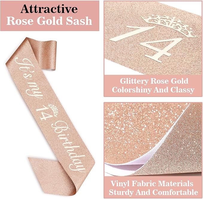 14th Birthday Decorations for Girls Including Birthday Sash and Tiara, Candles and Cake Topper, 14 Year Old Girl Decorations Gifts