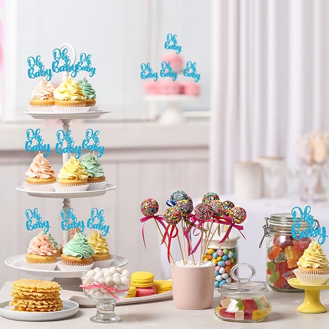 Gyufise 36 Pack Blue Glitter Oh Baby Cake Cupcake Toppers Picks for Wedding Birthday Baby Shower Party Decorations