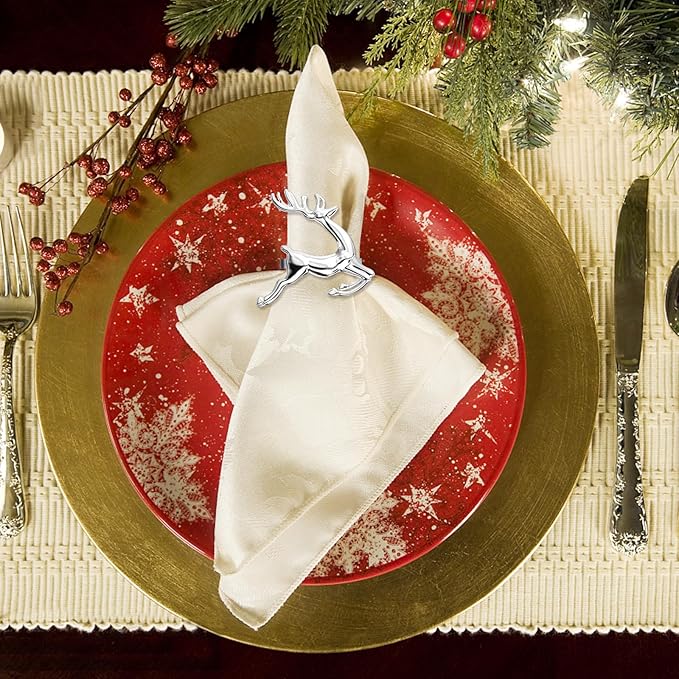 ZeeDix Silver Reindeer Christmas Napkin Rings Set of 8, Napkin Holder Ring for Christmas Dinner Table Decor Cloth Napkins, Wedding Receptions, Holiday Party, Banquet and Home Kitchen