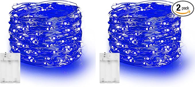 Dazzle Bright Fairy Lights Battery Operated, 2 Pack Total 40FT 120LED Silver Wire Waterproof Battery Operated String Lights, Christmas Decorations for Indoor Outdoor Bedroom Yard Decor, Blue