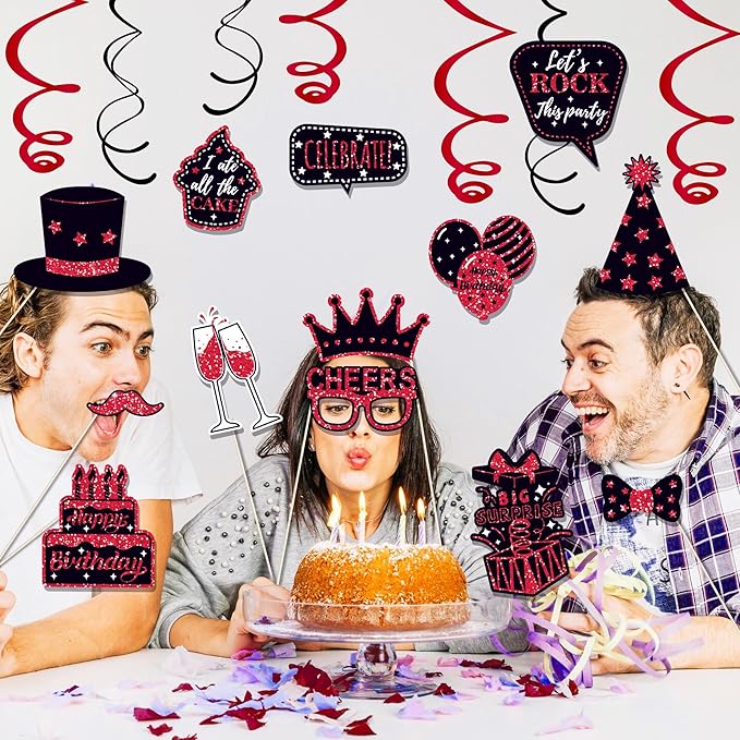36 PCS Birthday Photo Booth Props Party Supplies Holiday Picture Decorations Photo Booth Props for Birthday Party Favors Pose Sign Kit Fun for Party (Red)