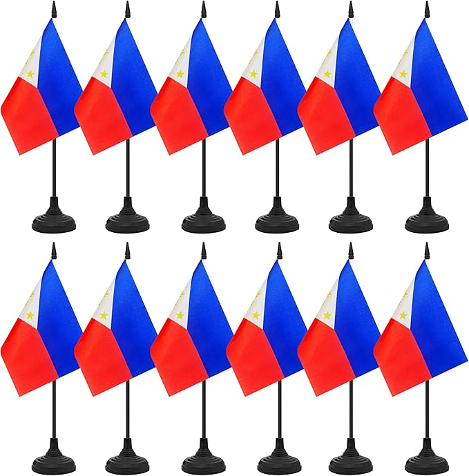 12 Pack Philippine Desk Flag Set, Philippine Table Office Flag, Small Miniature Desktop Flag With Black Pole and Black Base, Classroom, Offices Meeting Desk Decoration (Philippine)