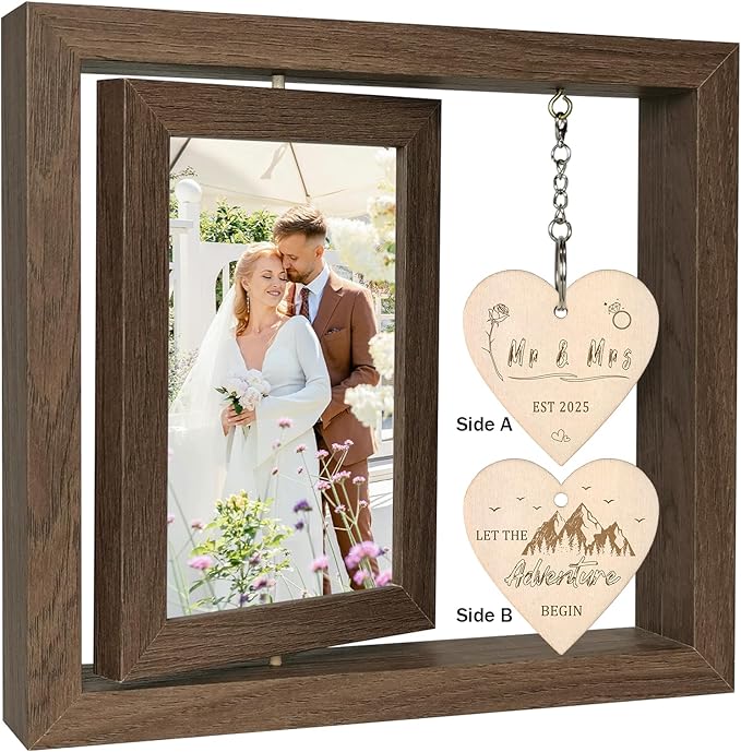 Rotating Floating Mr & Mrs EST 2025 - Let the Adventure Begin Picture Frame, Wedding Bridal Shower Gifts for Bride Newlywed Couples, Display Two 4x6