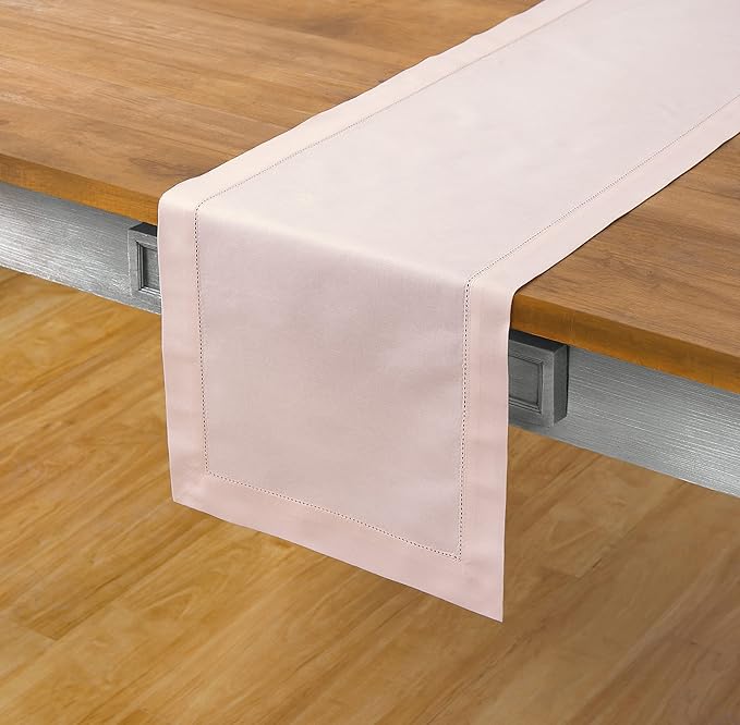Solino Home Pink Table Runner 60 Inches - Cotton Linen Hemstitch Coffee Table Runner 14 x 60 Inch Ideal for Dresser Tables - Fall, Autumn, Halloween, Thanksgiving, Christmas