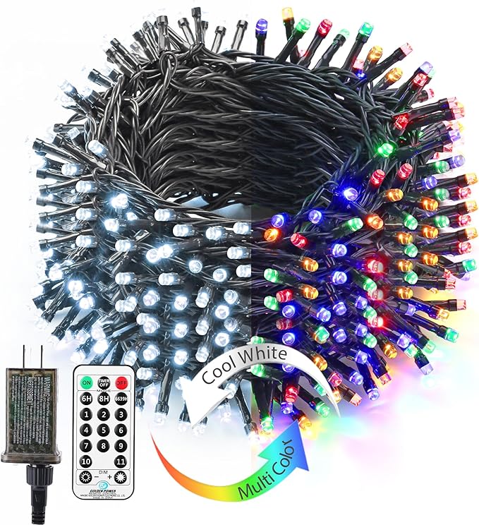 BrizLabs Color Changing Christmas Lights, 180ft 500 LED with Remote, 11 Modes Cool White & Colored Outdoor/Indoor Xmas Tree Lights
