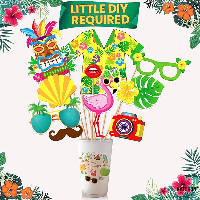 KatchOn, Tropical Hawaiian Photo Booth Props - Pack of 50, Luau Party Decorations | Luau Photo Booth Props for Hawaiian Party Decorations | Luau Photo Props, Aloha Party Decoration, Summer Party Décor