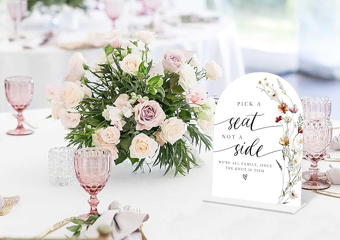 Boho Floral Pick a Seat Not a Side Sign, 6 x 8 Inch White Arch Acrylic Wedding Sign with Holder, Wedding Sign for Ceremony and Reception, Wedding Decoration, Wedding Supplies - BX17