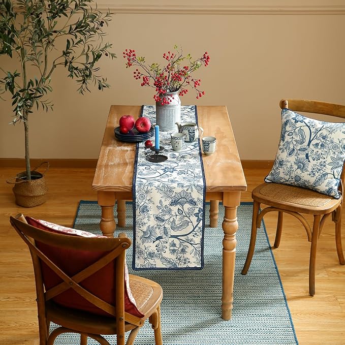 ISAENNE Designer Chinoiserie Elegant Linen Table Runner 71 Inches Long,Blue Floral Pattern Decor Table Runners for Thanksgiving,Dining Room,Banquet,Kitchen Tables,Christmas,12"*71"-Ruyi B