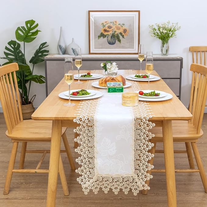 Beige lace Premium Rectangle Farmhouse Table Runner Waterproof OilProof SpillProof AntiShrink Soft Wrinkle Resistant Decorative Fabric Table Cover Kitchen Dinning Party Wedding Banquet