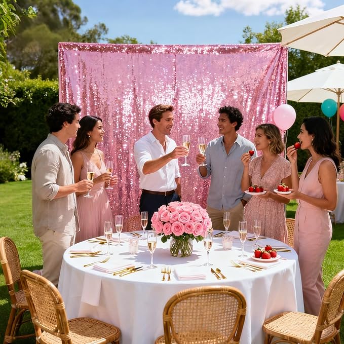 VOK Pink Sequin Backdrop Curtains 4 Panels 2FTx8FT Glitter Photography Background for Wedding Birthday Christmas Party Decorations