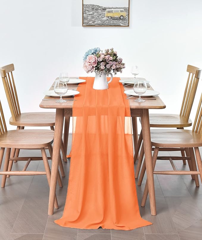 5 Pack 10Ft Chiffon Orange Table Runner Sheer 29x120 Inch for Romantic Wedding Decor Bridal & Baby Shower Birthday Rustic Party Decoration