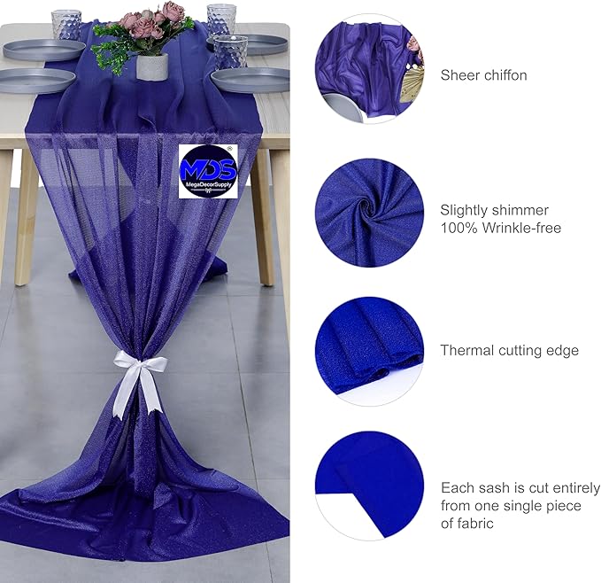 MDS 2 Pack 10ft Chiffon Table Runner 29 x 120 Inches Sheer Wedding Runner Romantic Rustic Table Runner for Wedding Decorations, Birthday Parties, Bridal Shower Party Arch Decor - Royal Blue