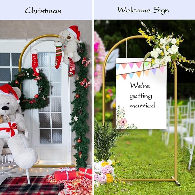 6 ft Arch Backdrop Stand, Wedding Arch Frame, Stable Metal Background Stand with Square Base Ground Nails, for Birthday Party Baby Shower Garland Decoration, Gold