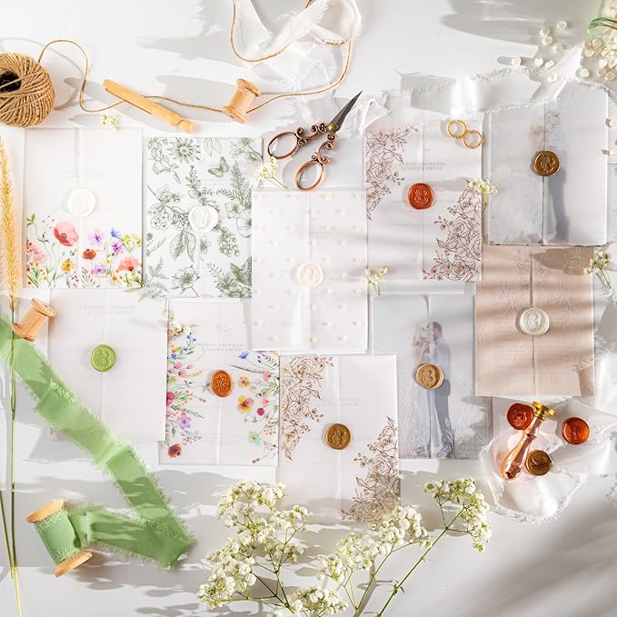 50 Pack Pre-Folded Vellum Jackets for 5x7 Invitations,AZAZA Gorgeous Translucent Invitation Sleeves,115GSM Vellum Jackets 5x7, Wedding Invitation Accessories,for Weddings Birthdays,Golden Roses