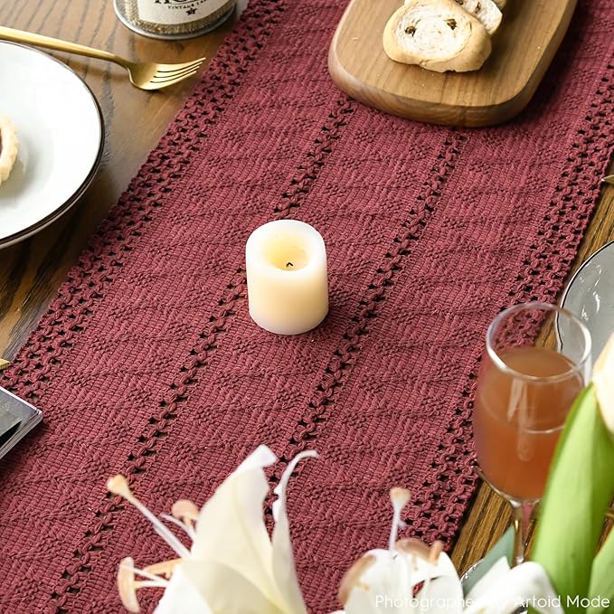 Artoid Mode Red Farmhouse Woven Rustic Hollow Table Runner, Seasonal Holiday Hollow Kitchen Dining Table Decoration for Home Party Decor 12x60 Inch
