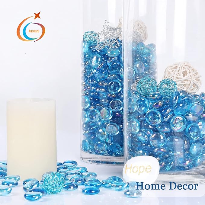 5LB Fire Glass Beads Flat Glass Marbles for Outdoor Fire Pit and Fireplace, Glass Gemstones for Vase Filler, Aquariums, Hydroponics Plants, Home Decor and Christmas DIY Craft, Turquoise