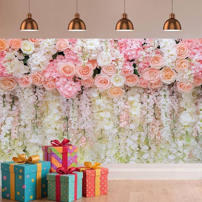 10x8ft Pink Rose Flower Wedding Photography Backdrop Spring Floral Photography Backdrop Valentine's Day Mother's Day Girl Birthday Baby Shower Wedding Bridal Party Banner Photo Booth Props Background