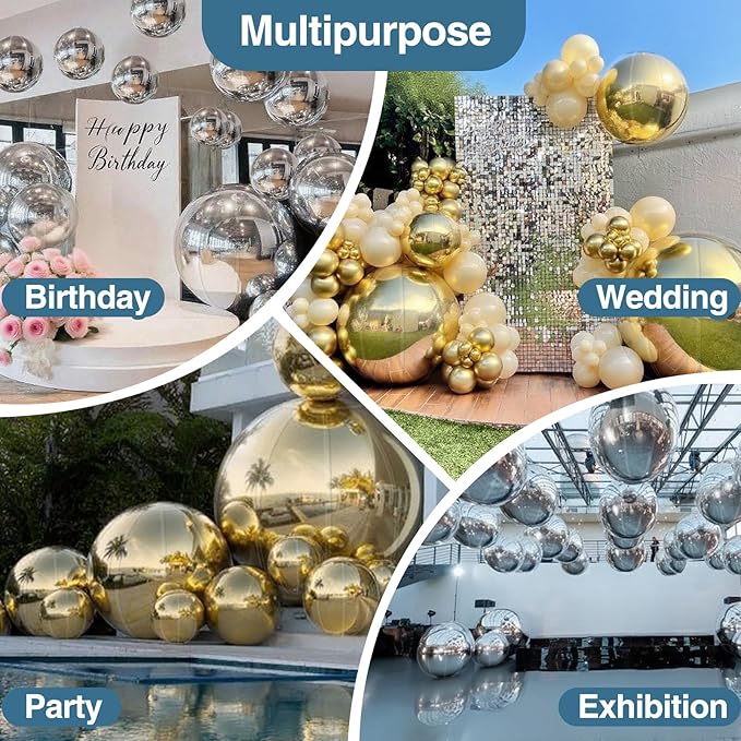 3PCS Gold Inflatable Mirror Ball, Big Shinny Balls Reusable Large PVC Disco Ball Balloon for Large Event Decoration, Party, Concerts, Stage, Wedding Decor, Without Air Pump