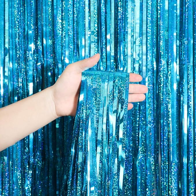 Foil Fringe Curtains Party Decorations - Melsan 3 Pack 3.2 x 8.2 ft Tinsel Curtain Party Photo Backdrop for Birthday Party Baby Shower or Graduation Decorations April fool's Day Decorations Teal