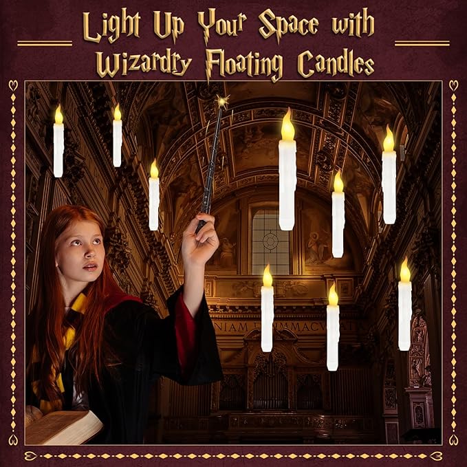 Halloween Decorations, Floating Candles with Wand, 12 PCS Magic Hanging Candles, Flickering Flameless Floating LED Candle, Witch Wizard Christmas Decor for Home Classroom Bedroom Church Birthday Party