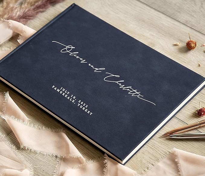 MUUJEE Personalized Guestbook in Navy - Premium Custom Modern Guest Book for Wedding Reception, Birthday Party or Events w/Bookmark Blank Pages for Signing 11.5 x 8.5 inches