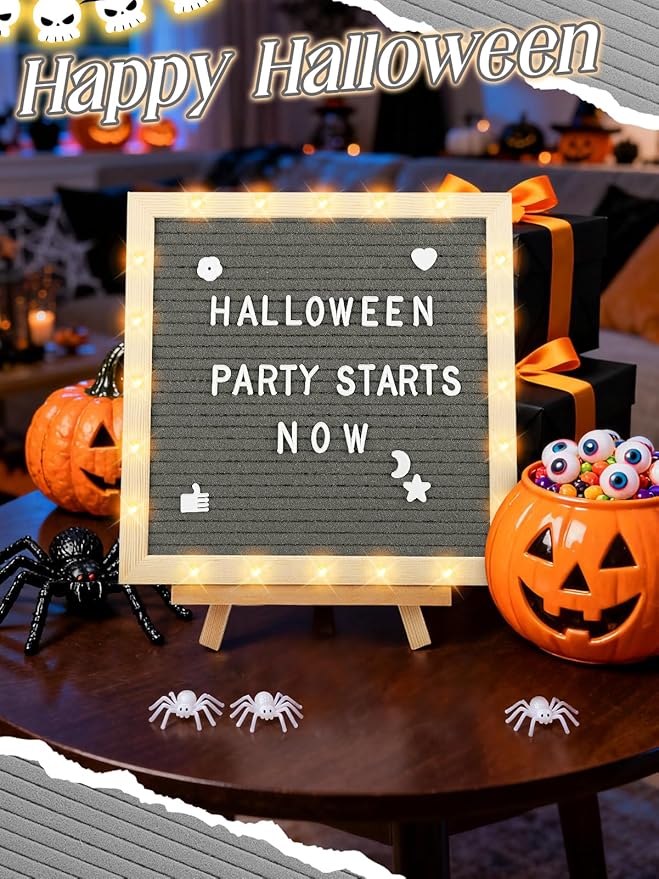 Light up Changeable Felt Letter Board Sign with LED Lights - 10×10" Message Board & Wood Stand & 450 Letters, for Halloween/Birthday/Event/Pregnancy/Baby Announcement/Home Wall Decor Gifts, Grey