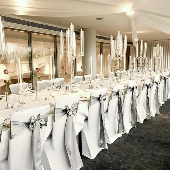 100 PCS Satin Chair Sashes Decorative Bow Chair Sashes Ties Ribbon Bows Chairs Cover Band for Wedding Birthday Party Ceremony Reception Banquet Events Hotel Home Kitchen Christmas(7x108inch,Silver)
