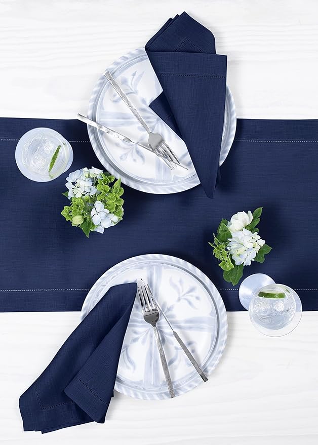 Solino Home Linen Navy Blue Table Runner 132 Inches Long - 100% Pure Linen Extra Long Table Runner 14 x 132 Inch for Fall, Autumn, Thanksgiving, Christmas - Classic Hemstitch