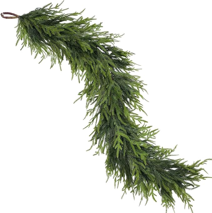 9FT Christmas Artificial Norfolk Pine Garland for Fireplace - Realistic Faux Greenery Fake Garland for Holiday,Table, Window,Mantel,Stairs, Home,Indoor Outdoor Decor (2PCS)