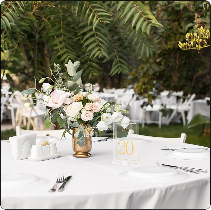 Acrylic Table Numbers 1-20 with Stand, Printed Gold Font on 4x6 inch Acrylic, Clear Table Number Signs and Holders, Centerpiece for Events, Weddings, Reception, Party, Anniversary, and Decoration