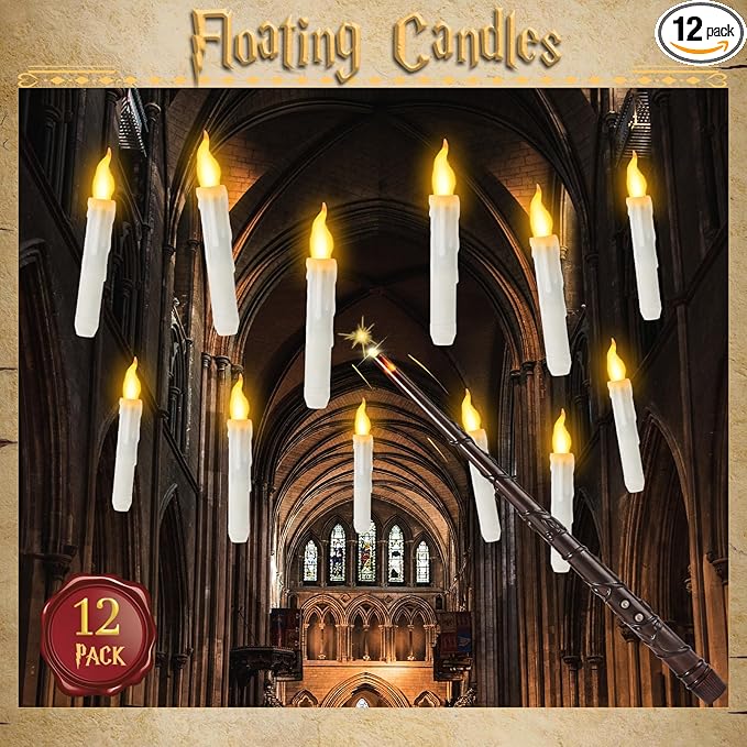 Halloween Decorations, Floating Candles with Wand, 12 PCS Magic Hanging Candles, Flickering Flameless Floating LED Candle, Witch Wizard Christmas Decor for Home Classroom Bedroom Church Birthday Party