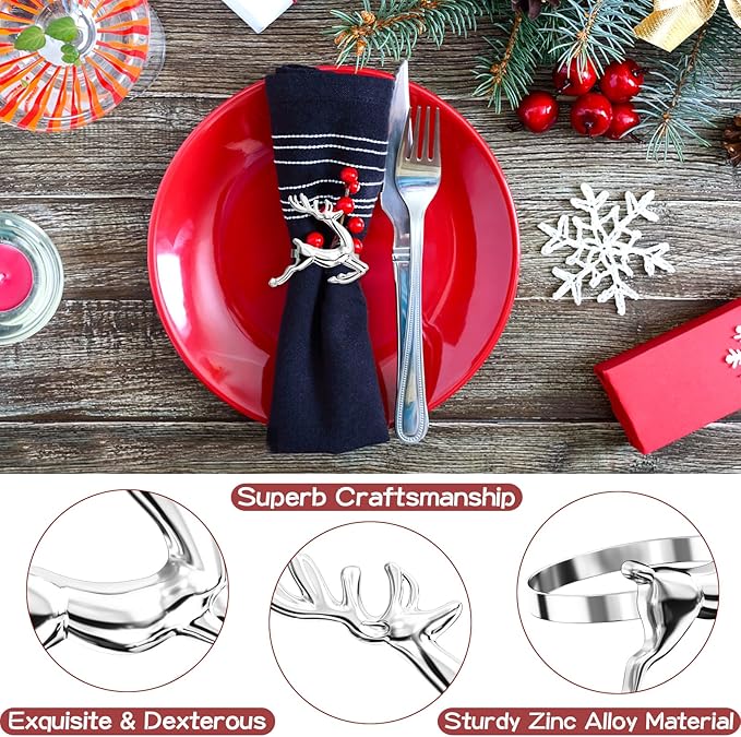 ZeeDix Silver Reindeer Christmas Napkin Rings Set of 6, Napkin Holder Ring for Christmas Dinner Table Decor Cloth Napkins, Wedding Receptions, Holiday Party, Banquet and Home Kitchen