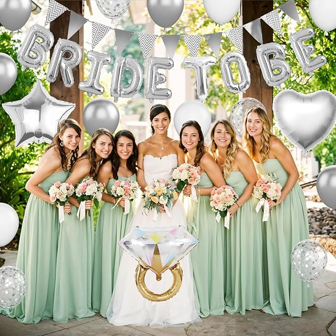 Silver Bachelorette Party Decorations, Silver Bride To Be Bridal Shower Balloons Decorations, Metallic White Balloon with Diamond Ring Star Heart Balloon for Bachelorette Engagement Wedding