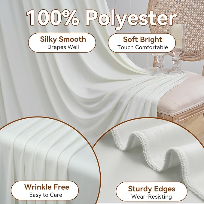 30ft x 15ft Ivory Wrinkle Free Backdrop Curtains for Parties,Silky Polyester Fabric Wedding Ceiling Drapes, 6 Panels 15ft Photo Back Drop Drapes for Baby Shower Photography Stage Background Cloth