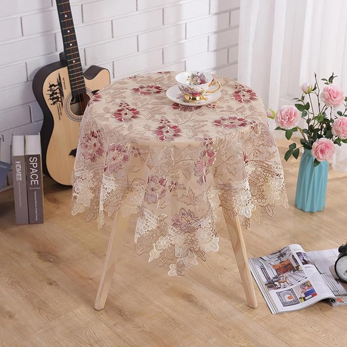 Lace Floral Tablecloth Round Lace Vintage Decorative Exquisite Border Table Cover for Party Wedding Home Decorations, Round-48, Red