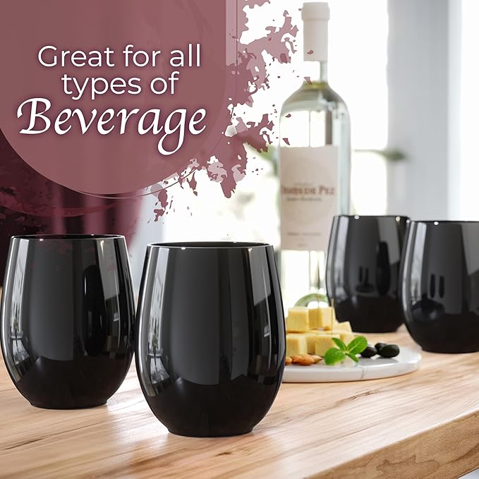 Exquisite 24 Pcs Unbreakable Stemless Plastic Wine Glasses Disposable Wine Glasses Stemless 12 Oz Black Plastic Cocktail Cups Black Party Cups Disposable Cocktail Glass Weddings & Events