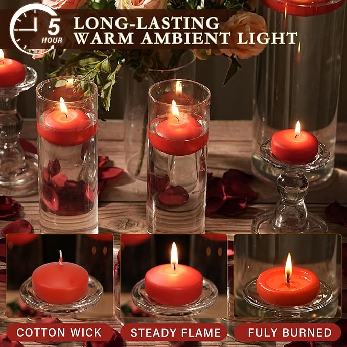 2 inch Red Floating Candles, 48 Pack Unscented Floating Candles for Centerpieces,5-6 Hours Water Activated Candle Bulk for Cylinder Vases Wedding Pool Bathtub
