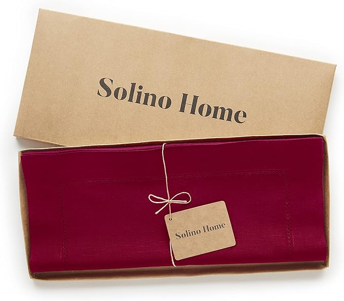 Solino Home Cotton Linen Red Table Runner 72 Inches Long - Hemstitch Table Runner 14 x 72 Inch for Dresser, Dining and Christmas, Holiday