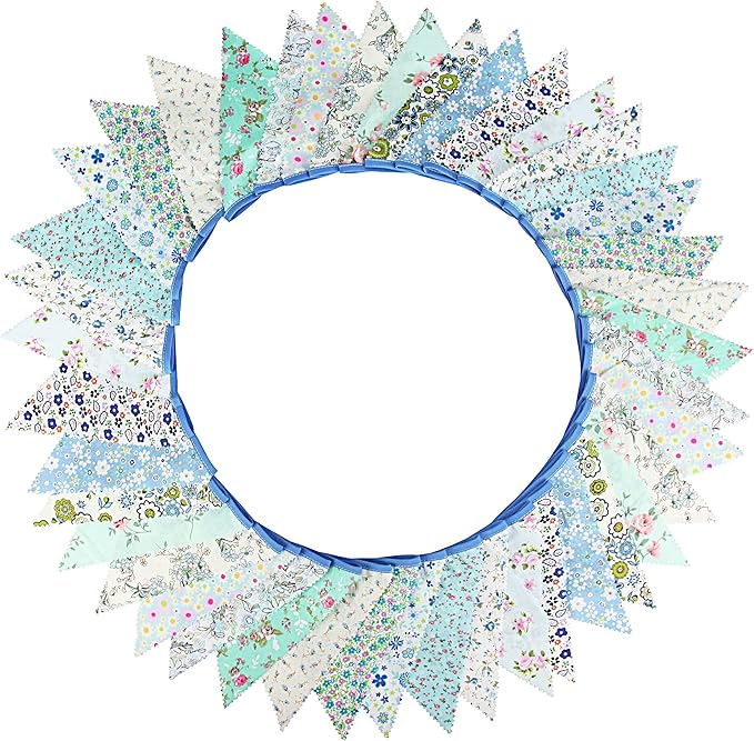 jijAcraft 39Ft Triangle Bunting Banner, 42Pcs Tea Floral Party Bunting Cotton Fabric Flags Pennant Garlands for Birthday Party, Wedding, Baby Shower, Outdoor and Home Decorations (Blue)