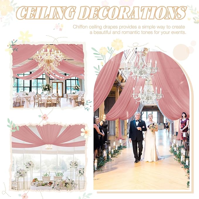 FUHSY Wedding Ceiling Drapes Sheer Fabric for Draping 2 Panels 5x20 FT Dusty Rose Backdrop Curtains for Party Wedding Arch Draping Fabric Chiffon Ceiling Curtains for Outdoor Wedding Ceremony
