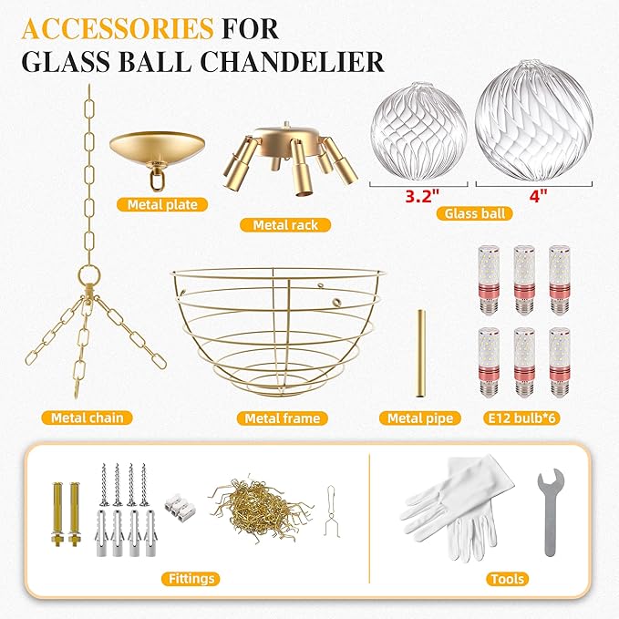 Nordic Bubble Ball Swirled Glass Chandelier, Diam 24 inch Gild Gold and Clear Blown Glass Hanging Pendant Light Fixture for Bedroom Study Restaurant