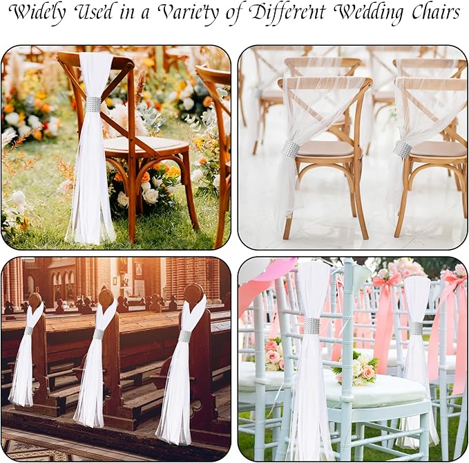 26 Sets Large White Pew Bows Tulle Wedding Aisle Chair Decorations, Extended Church Pew Decor Aisle Flowers Runner for Weddings Ceremony Outside Decorations(Silver)